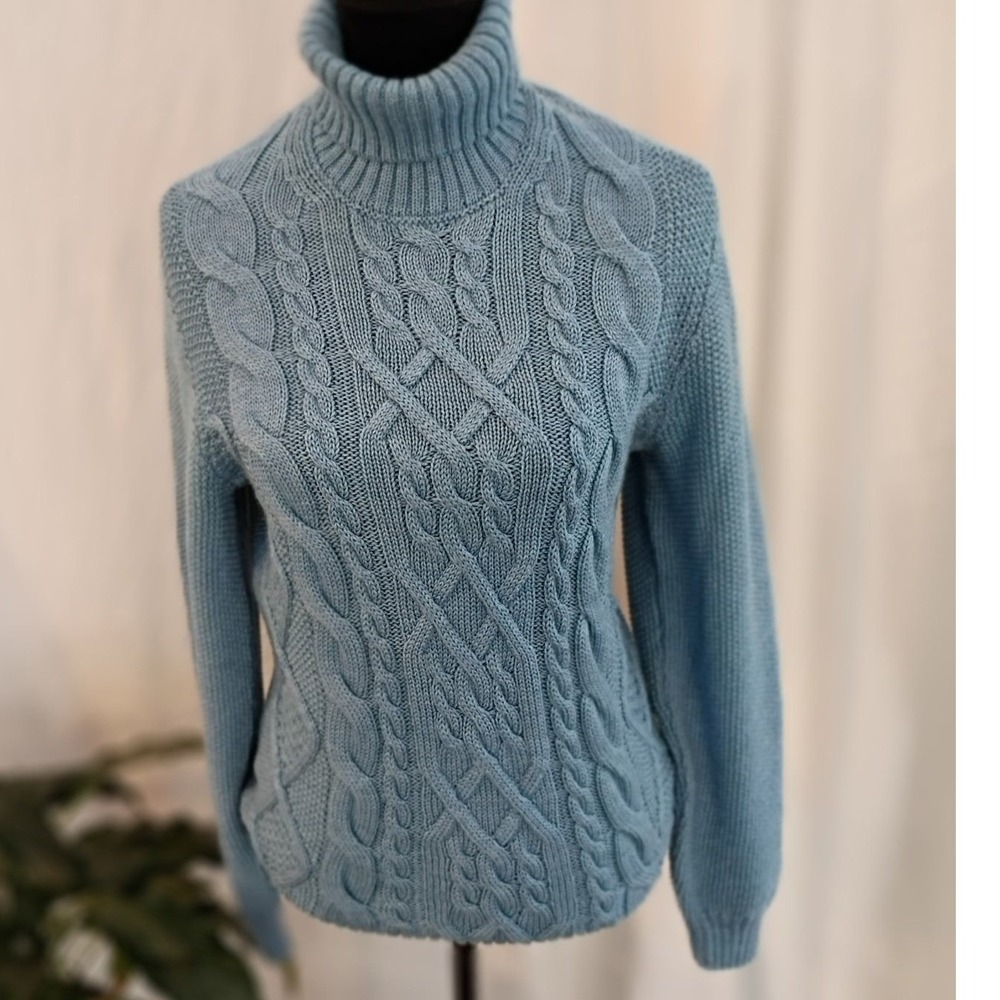 Falconeri Light Blue Cable Knit Turtleneck Sweater Womens Size M New